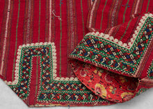 These trouser cuffs were handmade in Turkmenistan during the 20th Century.&nbsp;  Turkmen women traditionally wear colorful ankle length dresses with baggy trousers in contrasting color and decorated bands. These trousers feature wonderful detailed embroidery bands near the ankles in blue, red, orange, green and ivory on a striped magenta cloth. The backing floral print cloth is visible.