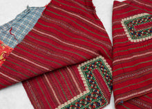 These trouser cuffs were handmade in Turkmenistan during the 20th Century.&nbsp;  Turkmen women traditionally wear colorful ankle length dresses with baggy trousers in contrasting color and decorated bands. These trousers feature wonderful detailed embroidery bands near the ankles in blue, red, orange, green and ivory on a striped magenta cloth. The backing floral print cloth is visible.