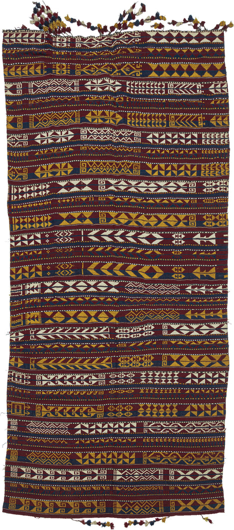 Northern Afghanistan Jajim white attained by using cotton. The stripes are rendered with both stepped and serrated edges.  This very versatile textile can work as a rug, wall hanging, or throw. Initially intended for use in a tent as a divider, to cover belongings, as a sofreh, or likely all of these and more.