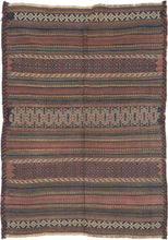 It is composed of various bands of graphic and well-contrasted geometric patterns that utilize a simple but effective palette which is reflective of classic Baluch aesthetics. The bands alternate between plain kilim weave and a carefully executed weft float technique that lends texture and depth to the piece enhancing its visual interest.&nbsp;