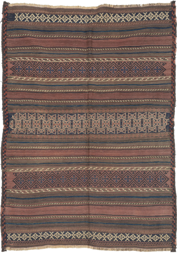 It is composed of various bands of graphic and well-contrasted geometric patterns that utilize a simple but effective palette which is reflective of classic Baluch aesthetics. The bands alternate between plain kilim weave and a carefully executed weft float technique that lends texture and depth to the piece enhancing its visual interest. 