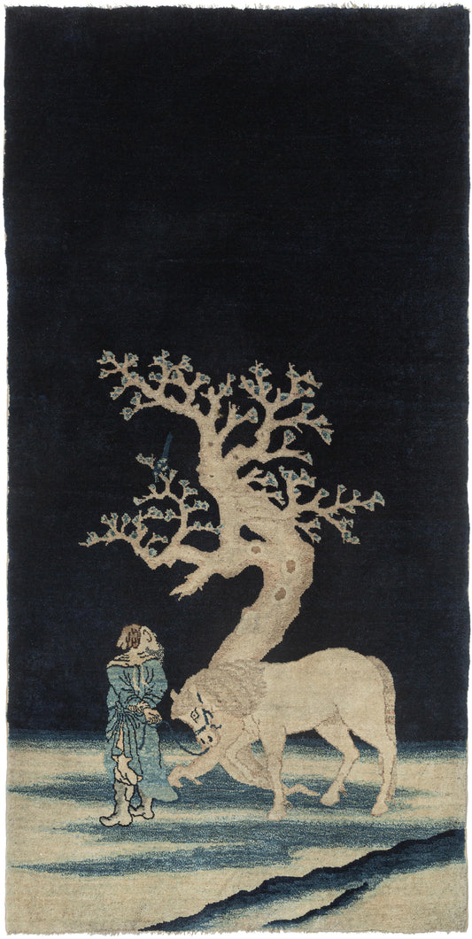 his Boatou rug was woven in Northern China during the early 20th century.

It features a nature scene in the style of classical Chinese landscape painting known as Shan Shui. The vertical composition of the rug invites the viewer to travel through the scene starting in the foreground and moving up to the tree and continuing to the night sky. Shan Shui painting has been described as an object for the viewer's mind as it endeavors to capture the emotions and rhythms of nature. Taoism