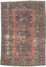 This Shirvan rug was woven in the Caucasus during the late 19th century.

It features three powerful leshgi stars on an earthy red ground full of various rosettes and protection symbols.&nbsp; Encapsulated by multiple individualized borders including rosettes, sunbursts, and calyx and serrated leaves. A very handsome palette of blues, reds, greens and aubergine is accentuated by glowing coral and orange among other tones.