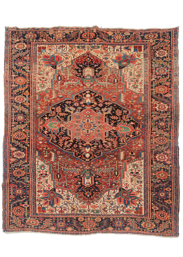 Antique Heriz Room Size Rug with central medallionn and a rainbow of color and detailed design