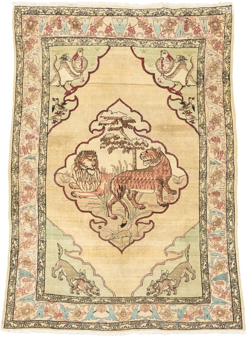 Antique kerman  a snake attacking a duck in front of their ducklings and the bottom cornices depict a wolf attacking a rabbit.  a little gruesome and include the rare addition of blood woven in but are true to the natural order. The rug is depicting a variation of the allegory of the 