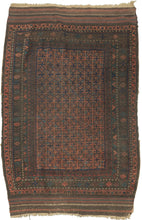 Afghan Baluch tight lattice design in earthy reds, browns, turquoise and apricot. Wide in the center but narrower on the top and bottom giving it a wonky charm. Finished with skirts of multicolor banded kilim on top and bottom.