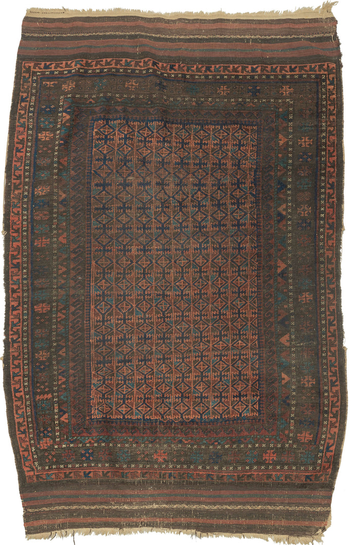 Afghan Baluch tight lattice design in earthy reds, browns, turquoise and apricot. Wide in the center but narrower on the top and bottom giving it a wonky charm. Finished with skirts of multicolor banded kilim on top and bottom.