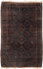  Timuri Baluch was handwoven during the second quarter of the 20th century in Western Afghanistan.

It features a lattice pattern of stepped diamonds and serrated polygons. With lush deep blue and red wool with a dark but lustrous complexion. The addition of a dark brown which has oxidized naturally sculpts the pattern and gives the shapes the feeling of floating in space. Bright speckles of white cotton have been woven around the main border adding a subtle touch of electricity. weft float