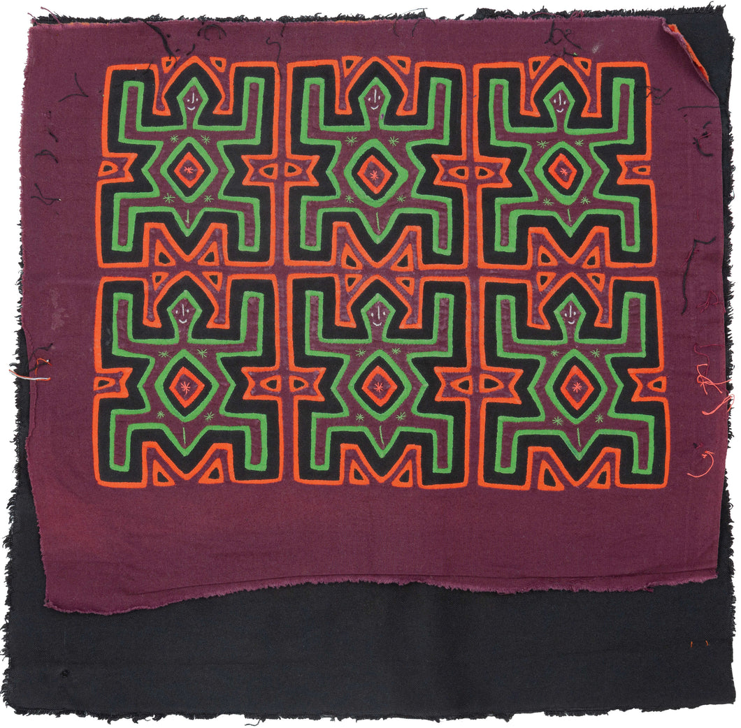 Vintage Mola cloth handmade by the Guna (previously spelled Kuna) people of the San Blas Islands.  Mola is a reverse appliqué technique, similar to the technique used in quilting but using multiple layers of different-colored cloth that are first sewn together before a design is created by cutting away different layers. These cloths are traditionally made in pairs to be worn on the front and back of women's blouses.  This Mola features a pattern of six turtles.  The fabric is in very good condition.