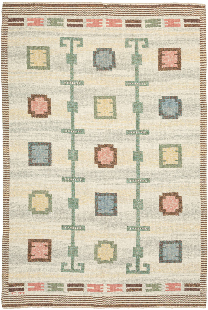 This Röllakan kilim was handwoven in Sweden during the middle of the 20th century.

It features a symmetrical layout with soft pastel shades of blue, pink, yellow, and green against an ethereal backdrop. The structured pattern of repeating squares and circles and the totemic green columns create a sense of rhythm and harmony. The background is composed of various marled yarns in ivory, yellow and a grayish green that provide wonderful depth and make the other elements appear to float above it.