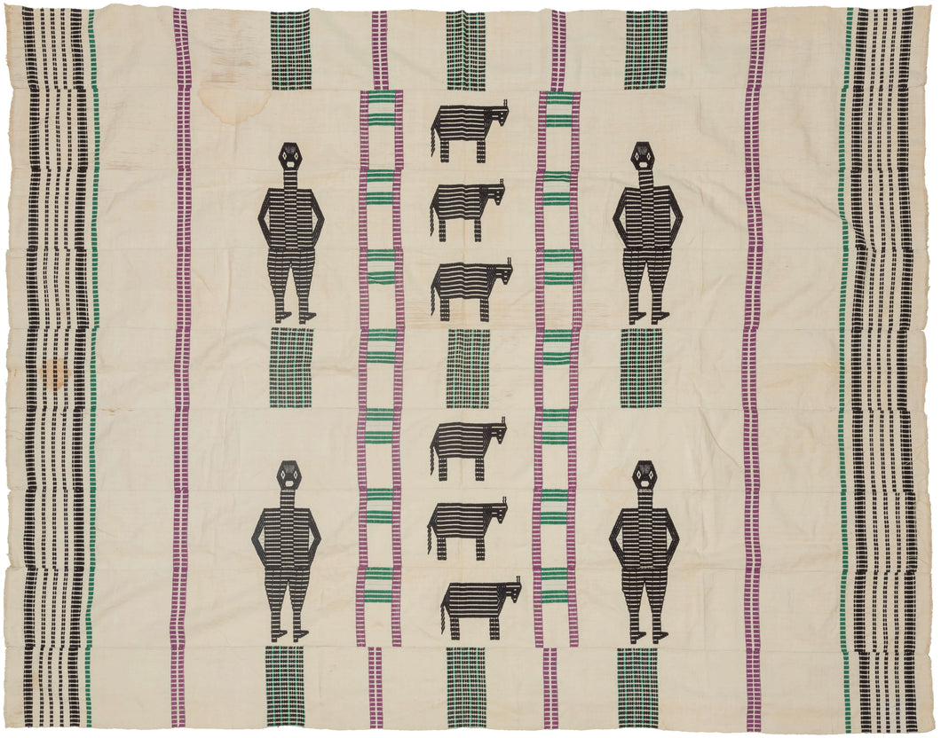 This blanket was likely woven in Nigeria during the middle of the 20th century.

It was woven in multiple stripes which have been attached horizontally. It features four human figures and six goats as well as various stripes in green, purple and black against an ivory ground. A wonderful and less common palette most often seen on Nigerian weavings. The figuresd and stripes have been completed using weft substition over the ivory strips.