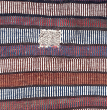 Luri namkadan saltbag soumak woven face with a pattern of bur-like protection symbols in two rows and on the neck of the bag. The top row breaks off to the left mid symbol while the bottom breaks off to the right mid bur giving the composition the illusion of movement. The pattern is simple yet complex with rich and saturated blues, reds, green, and apricot with chocolate brown and a bright white that really pops. The white is achieved by using cotton and can be seen on back of the bag 