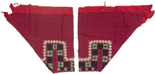 These trouser cuffs were handmade in Turkmenistan during the 20th Century.&nbsp;  Turkmen women traditionally wear colorful ankle length dresses with baggy trousers in contrasting color and decorated bands. These trousers feature wonderful detailed embroidery bands near the ankles in blue, red, green and ivory on a magenta cloth.