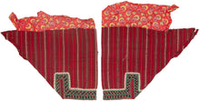 These trouser cuffs were handmade in Turkmenistan during the 20th Century.&nbsp;  Turkmen women traditionally wear colorful ankle length dresses with baggy trousers in contrasting color and decorated bands. These trousers feature wonderful detailed embroidery bands near the ankles in blue, red, orange, green and ivory on a striped magenta cloth. The backing floral print cloth is visible.