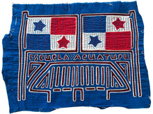 Vintage Mola cloth handmade by the Guna (previously spelled Kuna) people of the San Blas Islands.  Mola is a reverse appliqué technique, similar to the technique used in quilting but&nbsp;using multiple layers of different-colored cloth that are first sewn together before a design is created by cutting away different layers. These cloths are traditionally made in pairs to be worn on the front and back of women's blouses.  This Mola mentions Escuela Acuatupu and features two Panamanian flags. 