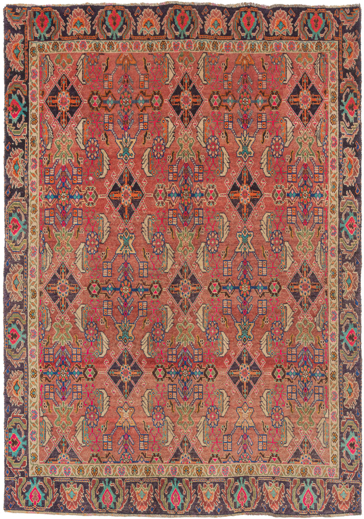 This Shiraz rug was handwoven during the end of the 20th century.   This cheerful Shiraz rug features a well-balanced variation of the Herati design in a fun and fresh palette that includes turquoise, green aubergine, yellow, orange, and both hot and dusty pink on a Nantucket red ground. The whole composition is framed by a strong border of alternating palmettes and serrated leaves.