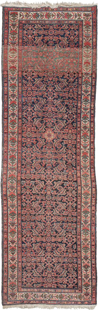 Wide soft red Persian Malayer runner featuring an allover Herati design on a deep indigo blue field. Other colors in the design are bright madder reds, light and dark browns, and soft beiges and ivories. The border is composed of a funky and unusual flower design. 