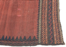 This&nbsp;Baluch sofreh was handwoven during the late 19th century in Afghanistan.

It features an open red abrashed field with a navy sawtoothed perimeter. It is finished on top and bottom with multiple bands of various "S" shape motifs which are rendered with a weft float technique. Given the size and the patterning, it was likely intended as a sofreh and used as such given the old repairs to the center.