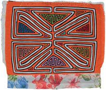 Vintage Mola cloth handmade by the Guna (previously spelled Kuna) people of the San Blas Islands.  Mola is a reverse appliqué technique, similar to the technique used in quilting but&nbsp;using multiple layers of different-colored cloth that are first sewn together before a design is created by cutting away different layers. These cloths are traditionally made in pairs to be worn on the front and back of women's blouses.  This Mola features a graphic maze like motif on an orange ground. 