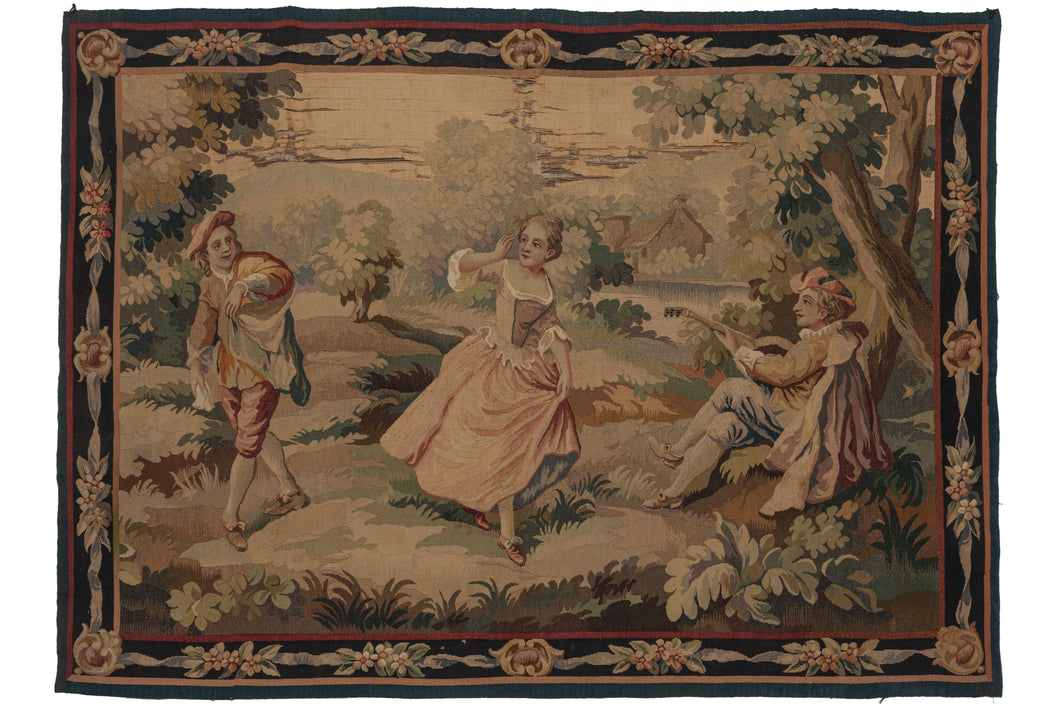 Antique  French Aubusson tapestry depicting a bucolic scene of a 