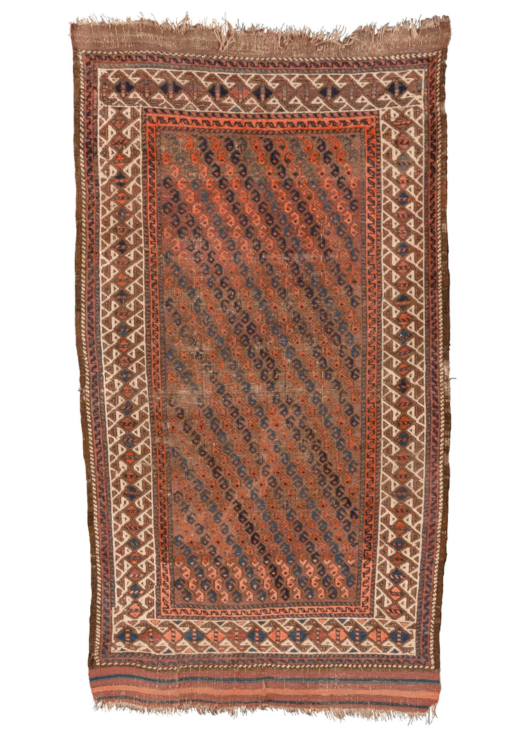 Antique Baluch rug with blue and orange botehs as central allover design