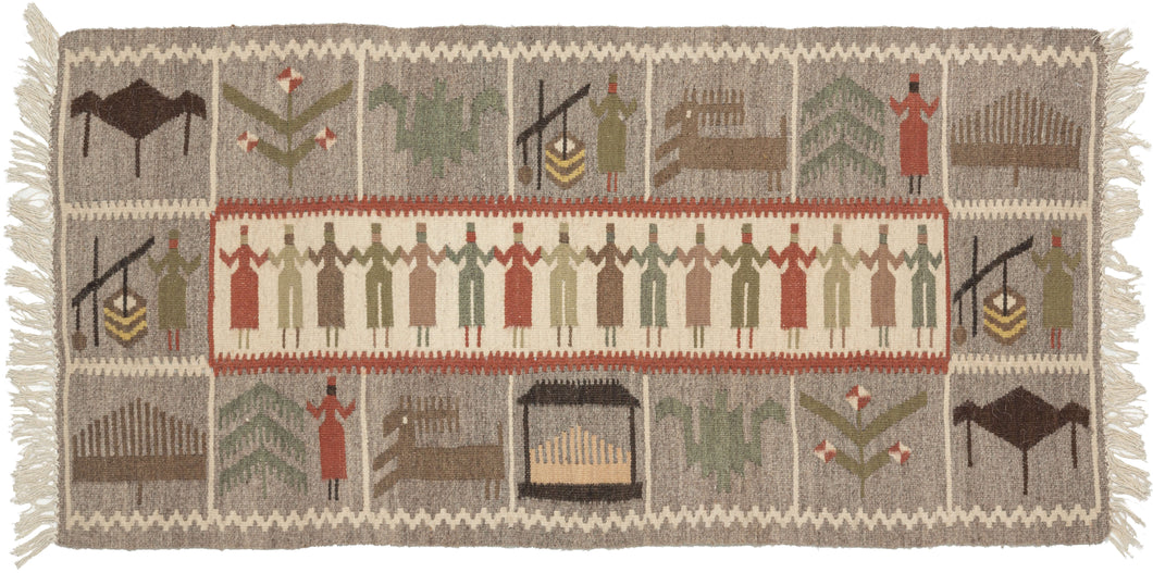 This Vintage European Kilim features a central cartouche of interlocked people in greens, browns, gray, and red on an ivory ground. They alternate between figures wearing dresses and trousers.  It is surrounded by a border of squares each depicting various people, flora, fauna, and a well amongst other things.