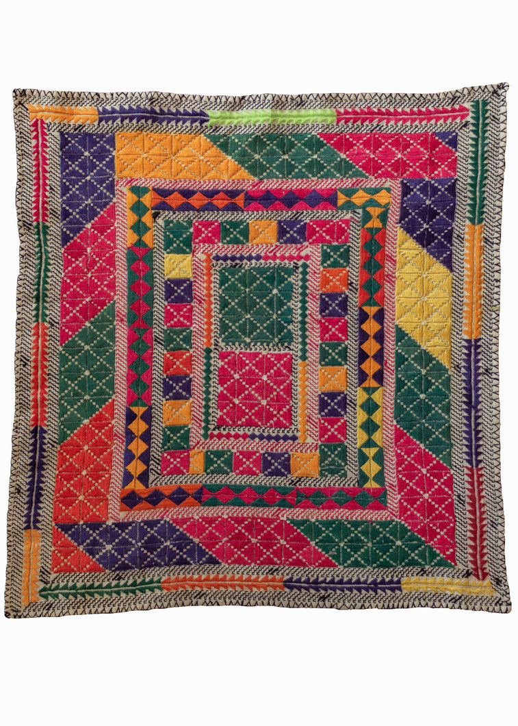 Vintage Hand Embroidered Afghani Hazara Prayer Cloth with bright rainbow colors and repetitive diamonds