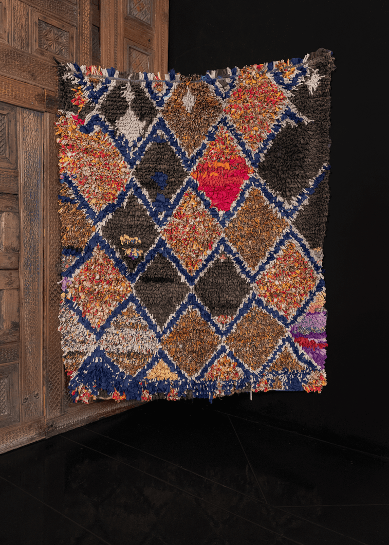 moroccan boucherouite rug with diamond pattern in multicolors