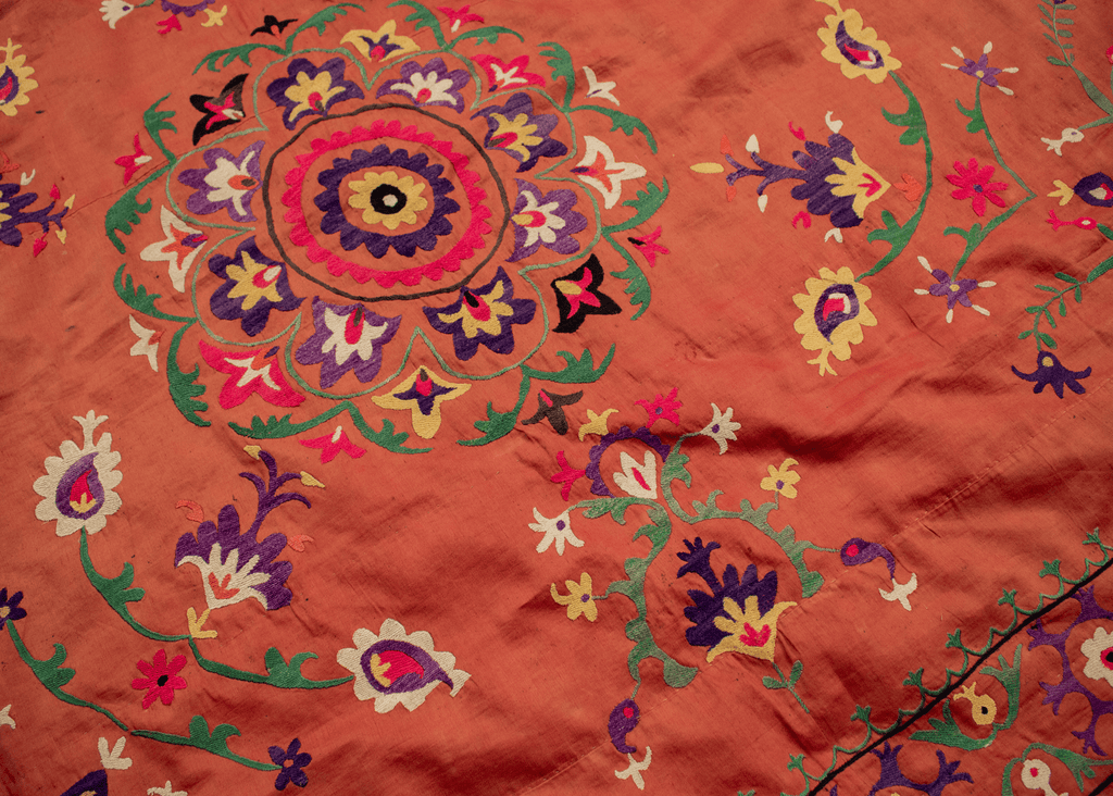 Mid Century Hand-Embroidered Uzbeki Suzani Textile - 5' x 6'5 – HEIRLOOM
