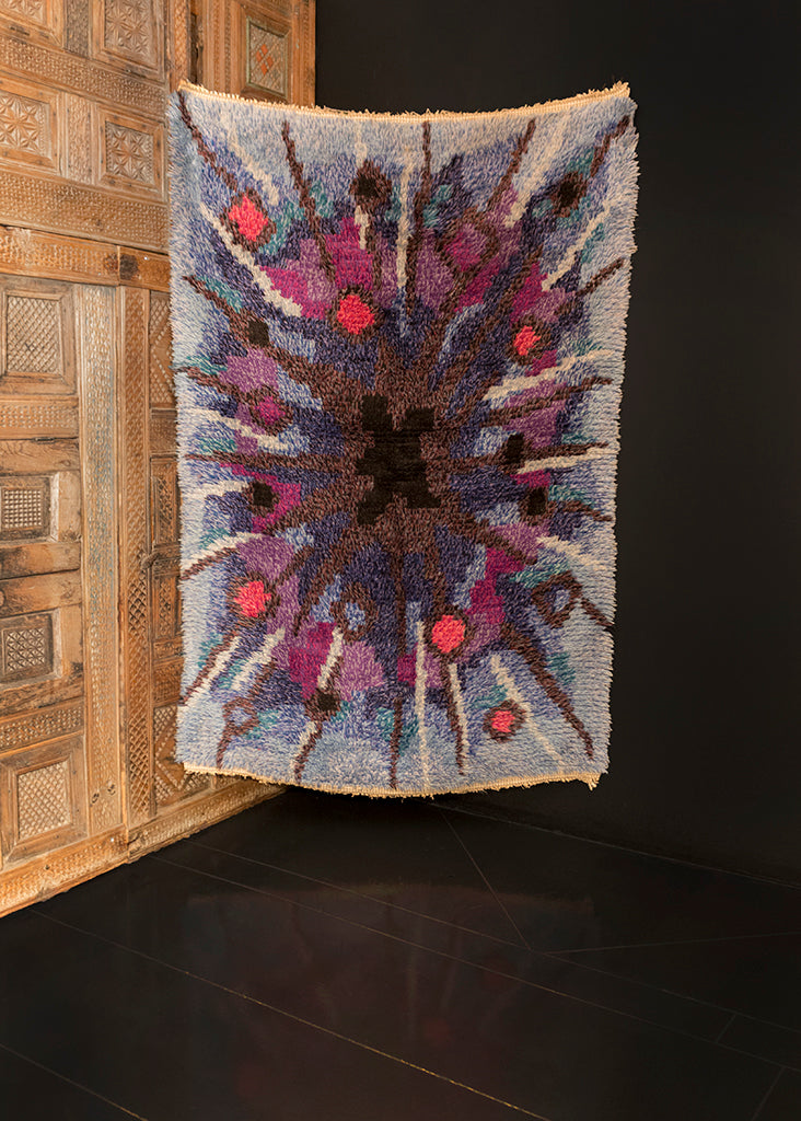 Mid Century Swedish shag rug with dynamic explosion design in purple, blue, pink and grey. 