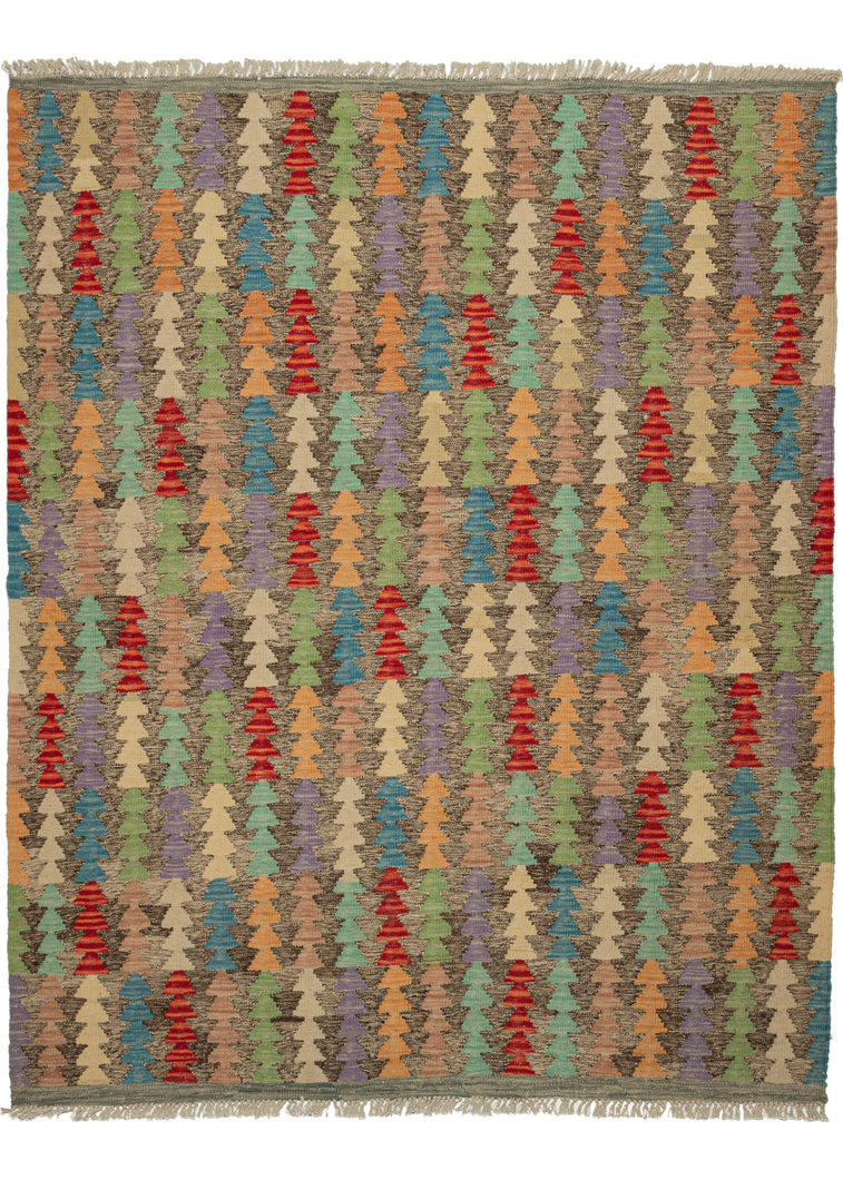 This Contemporary Maimana kilim was woven in Afghanistan during the 21st Century.  It features an all-over field of stacked triangles in a variety of vibrant tones that really pop atop the black and white 